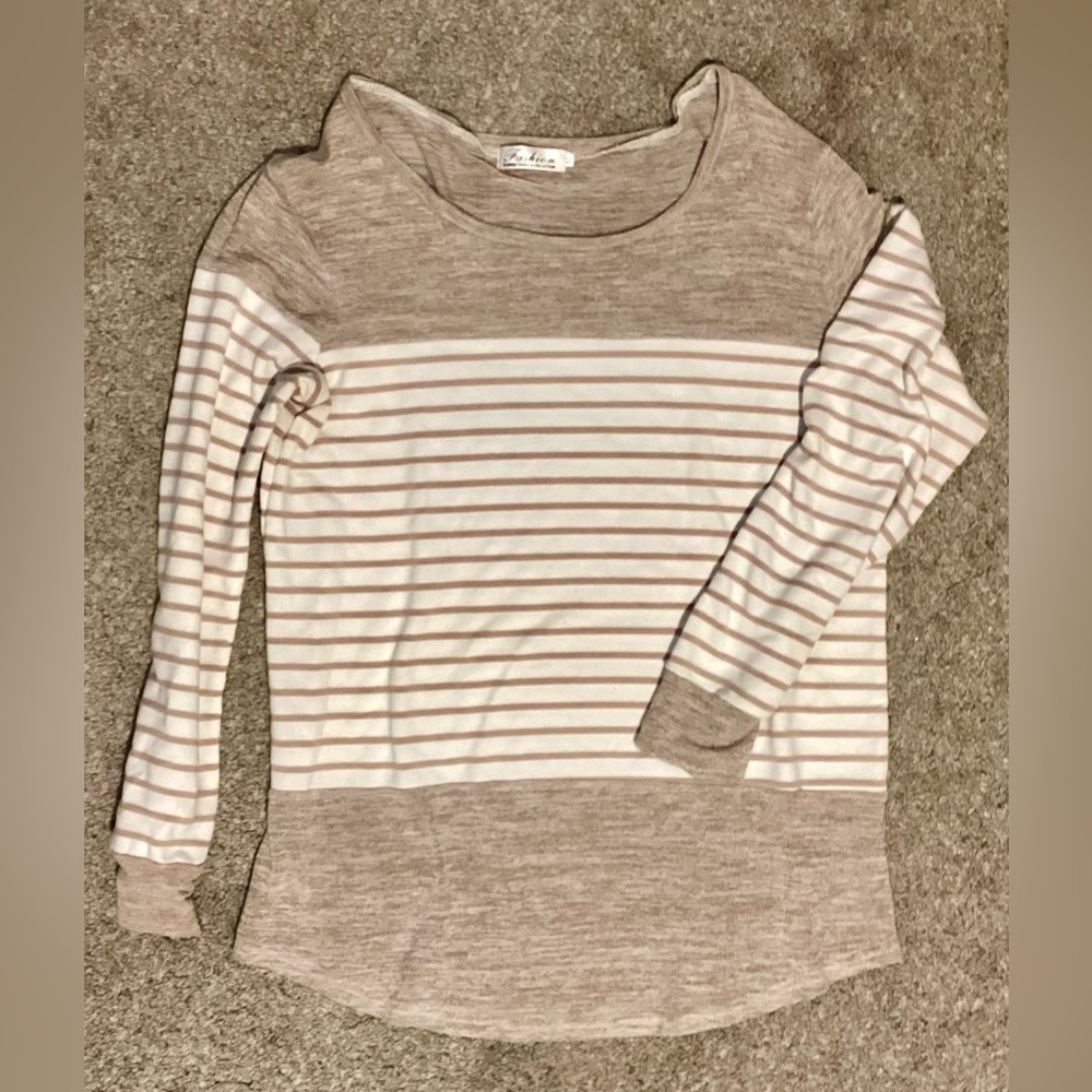 Fashion Brand Company Beige and White Striped Top